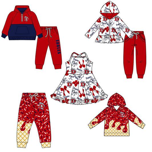 Custom moq 5 mix size milk silk summer teams baby girls clothes bow red hooded long sleeve pants sets and boy sets and dress and hooded top and pant-25.8.16
