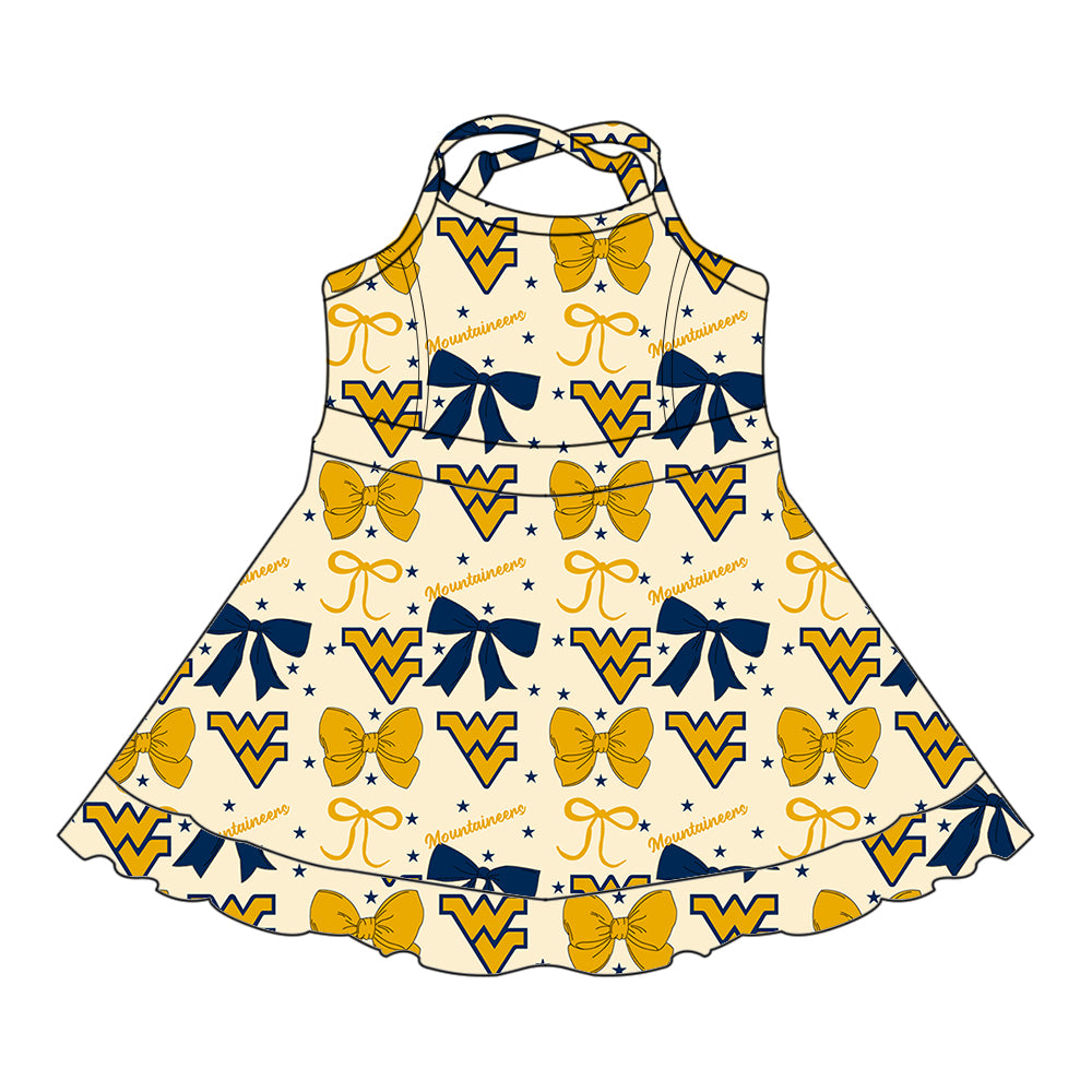 Custom moq 5 mix size milk silk summer teams baby girls clothes team bow yellow sleeveless skirts sets and dress 1 and dress 2 and dress 3-25.6.24