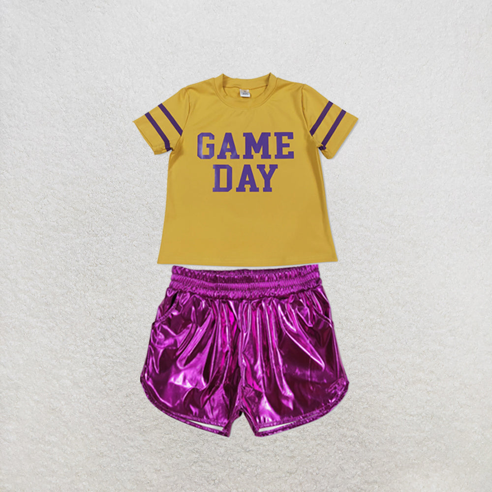 RTS NO MOQ Sibling yoga fabric Baby Girls Vinyl Purple Game Day Print Top Matching Shorts Two Piece Team Active Clothes Set