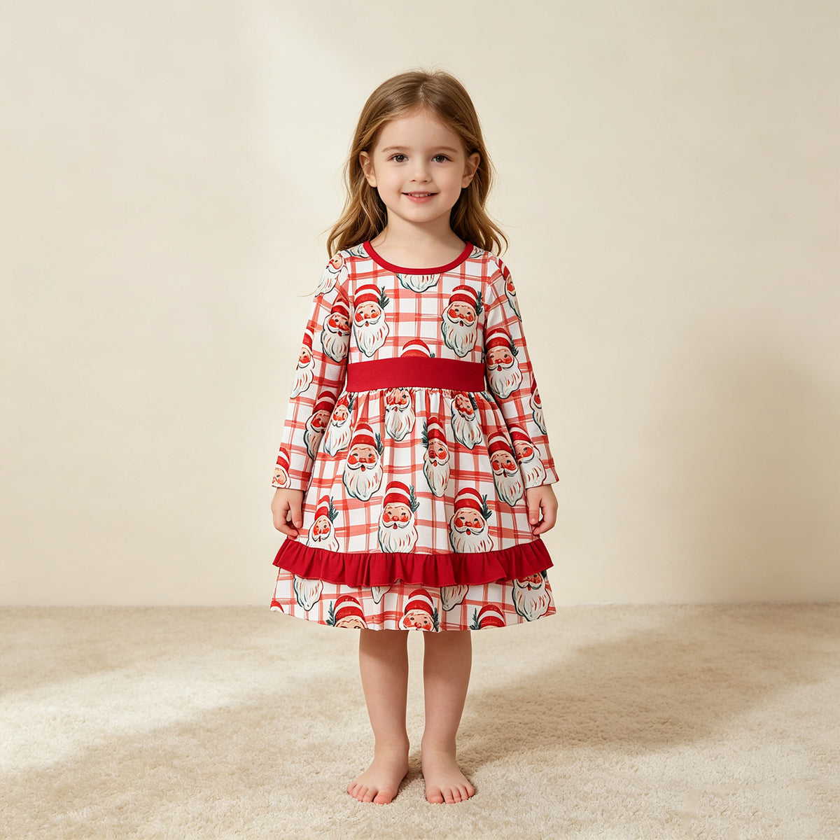 NEW RTS NO MOQ milk silk GLD1710 Baby Girls Red Plaid Santa Print Long Sleeve Ruffle Hem Knee Length Christmas Dress