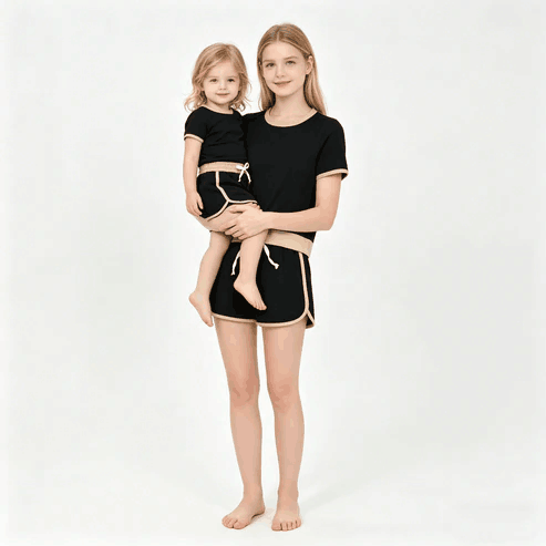 RTS NO MOQ Sibling  Mom And Me Pink  Short Sleeve Top Skirt Shorts for Summer Casual Wear Cotton Clothes Set