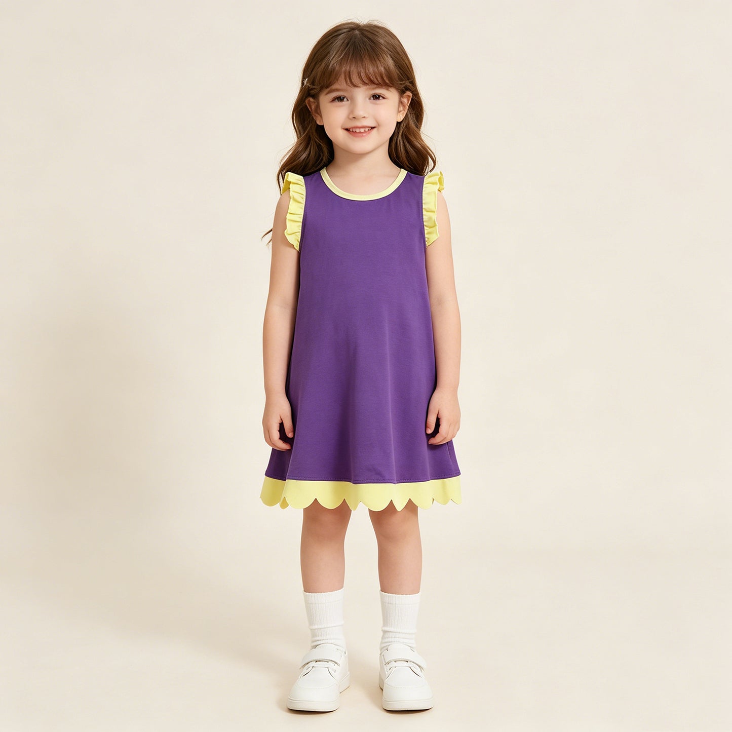 RTS NO MOQ cotton GSD4046 Baby Girls Purple Yellow Two Tone Scallop Edge Sleeveless Dress
