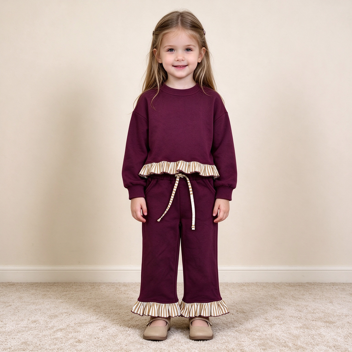 NEW RTS NO MOQ cotton GLP3647 Sweatshirt Material Kids Girls Maroon Long Sleeve Top Pockets Pants Sweatshirt Set