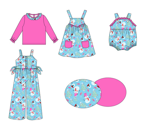 25.6.2 custom each style moq 5eta 4-6week Sibling Sisters snowman baby girls short sleeve dress and short sleeve rompers and top and jumpsuit match family design