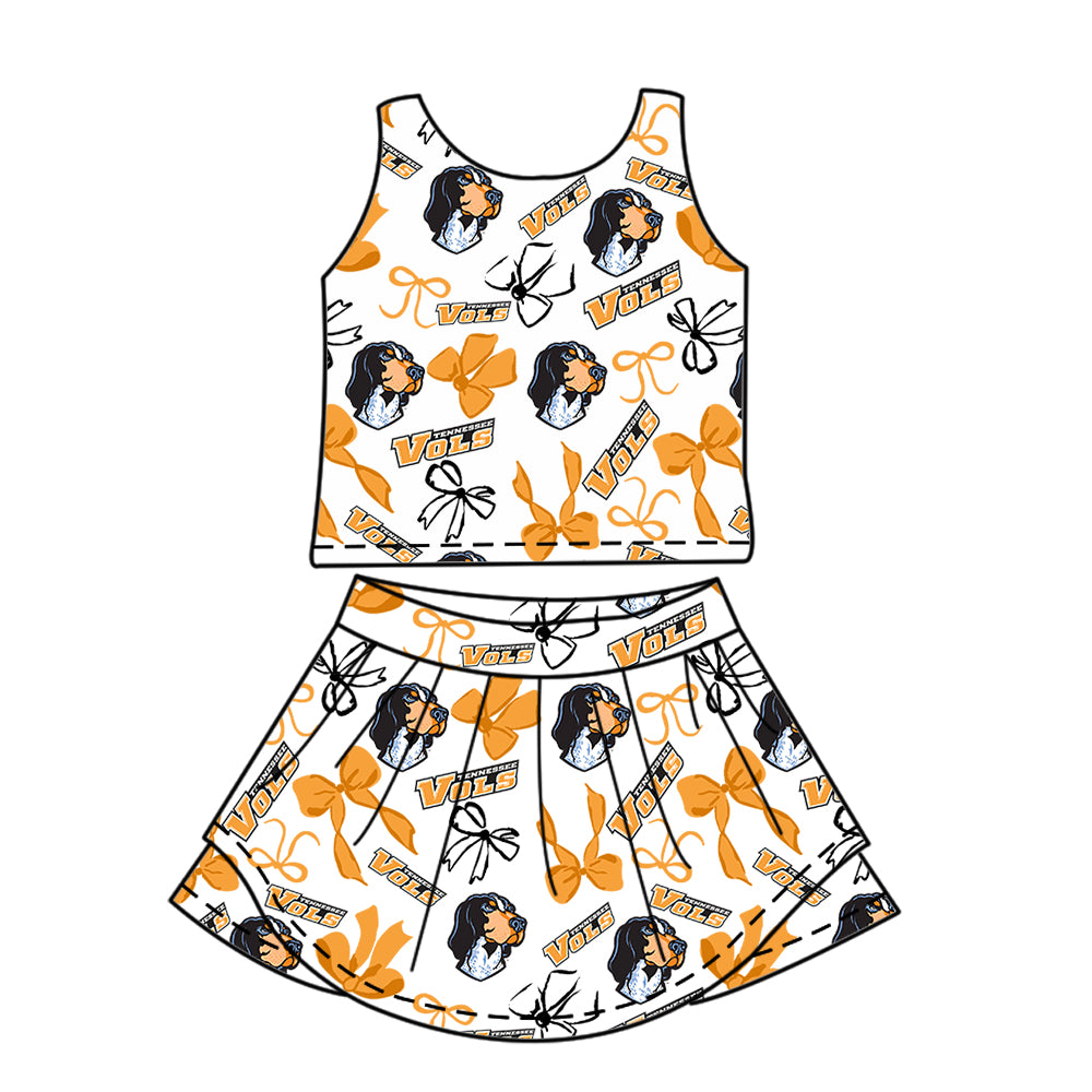Custom moq 5 mix size milk silk summer teams Baby Girls Orange Bow Vest Top Skirt Shorts Sets Sleeveless Knee Length Dresses Yoga Shorts Yoga Active Outfit