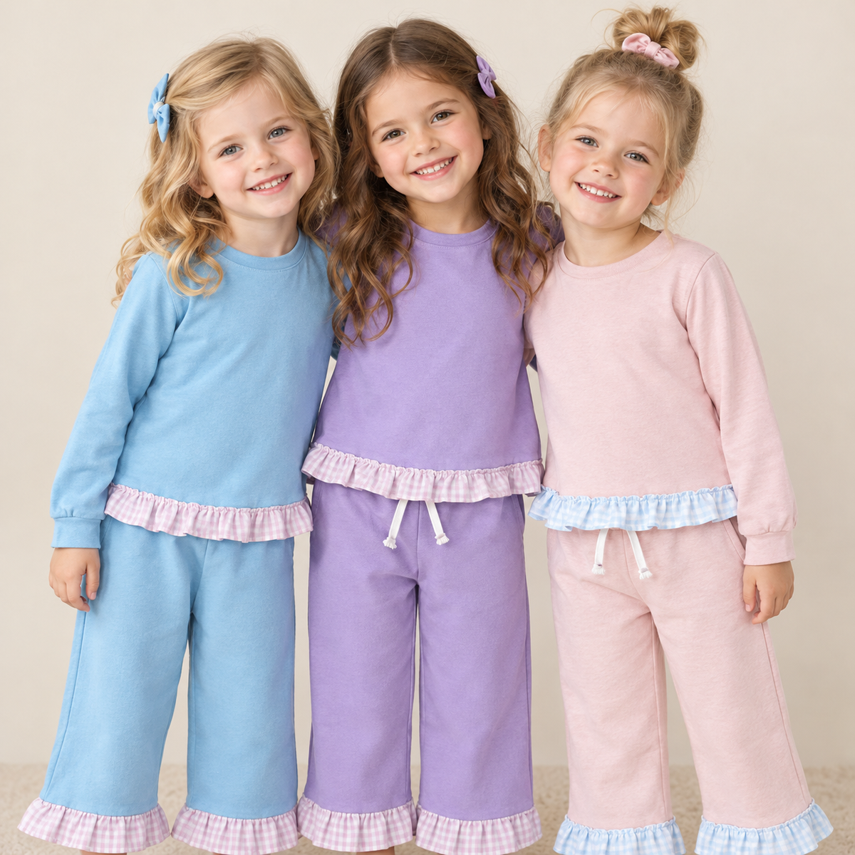 RTS NO MOQ Sibling milk silk Baby Girls Cute Solid Color Ruffle Long Sleeve Top Pant Outfit Set