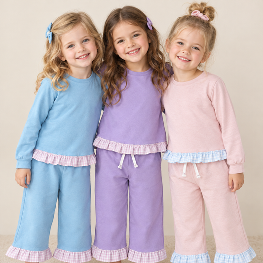 RTS NO MOQ Sibling cotton Baby Girls Cute Solid Color Ruffle Long Sleeve Top Pant Outfit Set
