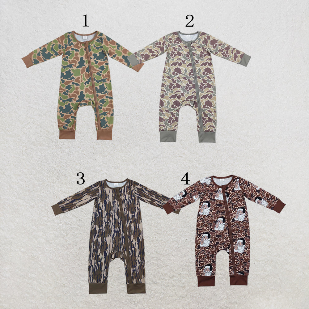 RTS NO MOQ Sibling milk silk Sibling Baby Boys Bamboo Southern Camo Dogs Ducks Hunting Zip Rompers