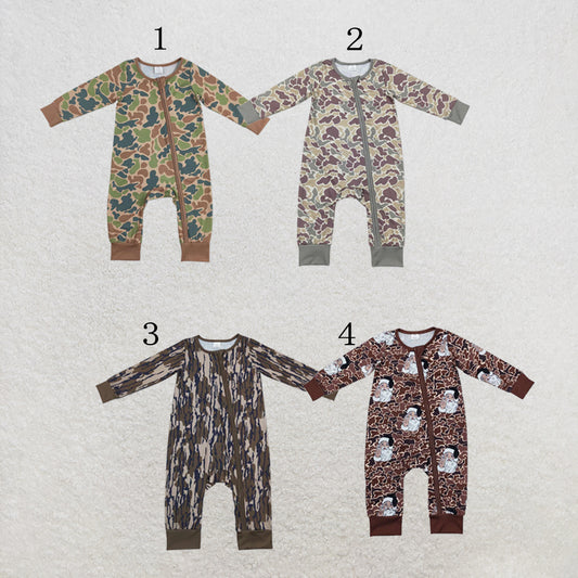 RTS NO MOQ Sibling milk silk Sibling Baby Boys Bamboo Southern Camo Dogs Ducks Hunting Zip Rompers