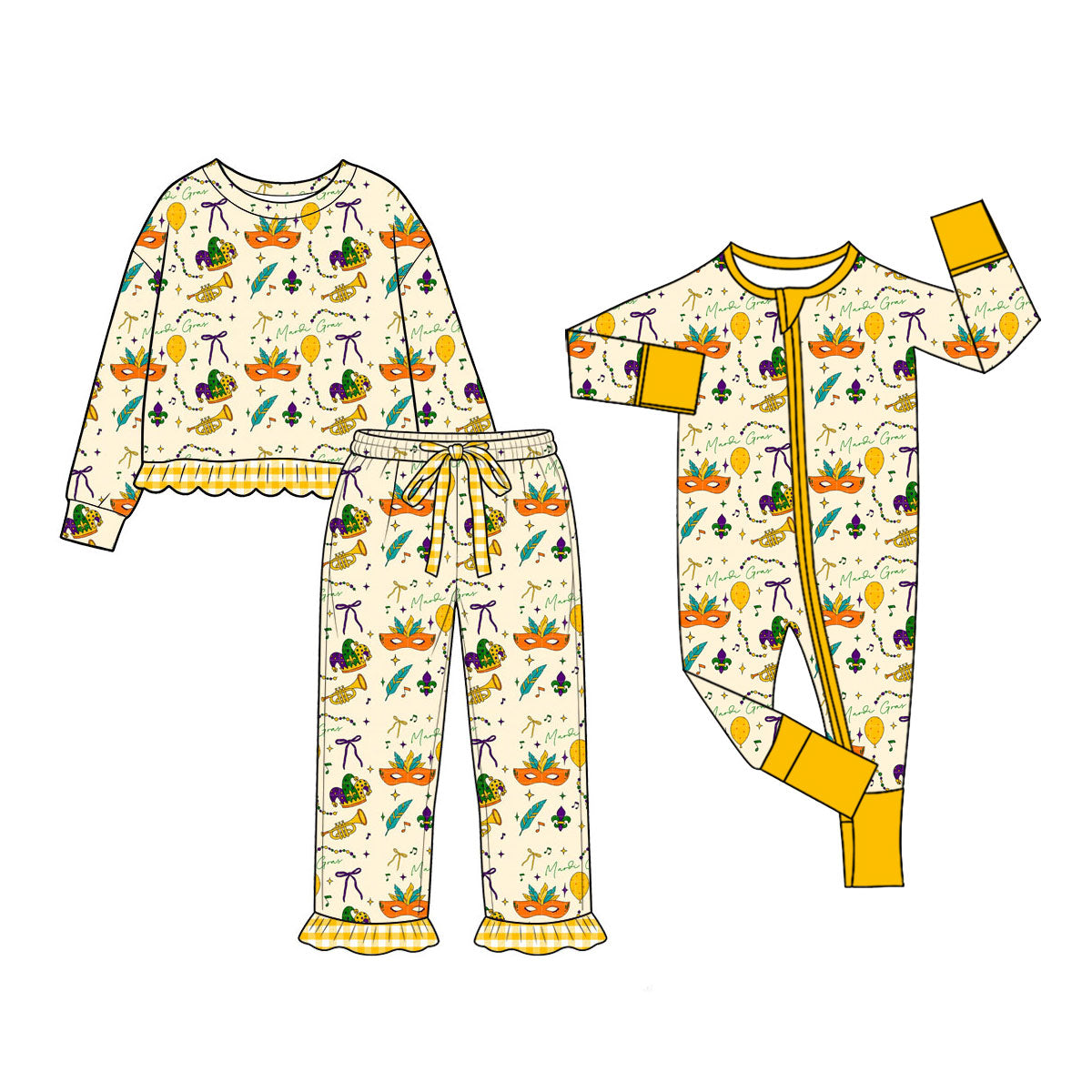 (Preorder new) No moq Girls Yellow Print Long Sleeve Ruffle Hem Top Pant Set Romper