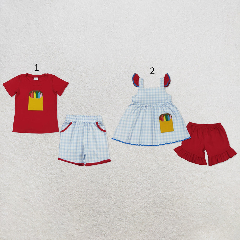 RTS NO MOQ Sibling milk silk Baby Girls Boys Embroidery Pencil Checked Top Elastic Waist Shorts Back To School Casual Outfit(2T-14-16T）