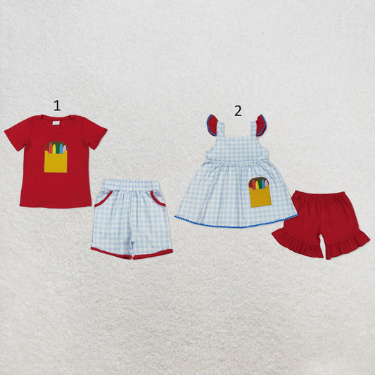 RTS NO MOQ Sibling milk silk Baby Girls Boys Embroidery Pencil Checked Top Elastic Waist Shorts Back To School Casual Outfit(2T-14-16T）