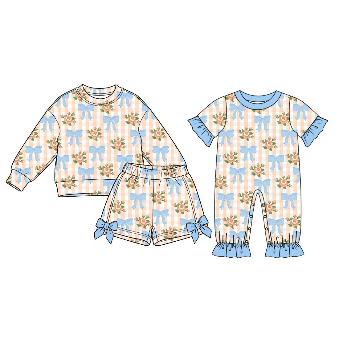 (Preorder new) No moq Baby Girls Orange Gingham Rose Bow Print Top and Bow Trim Shorts Set Romper