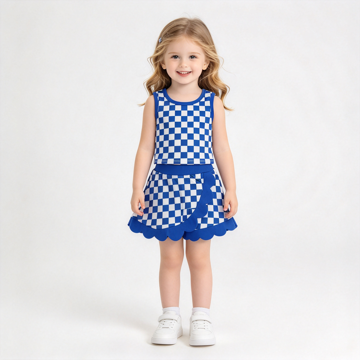 RTS NO MOQ Sibling yoga fabric Baby Girls Checkered Print Sleeveless Tank Top And Scalloped Wrap Skort Summer Yoga Set