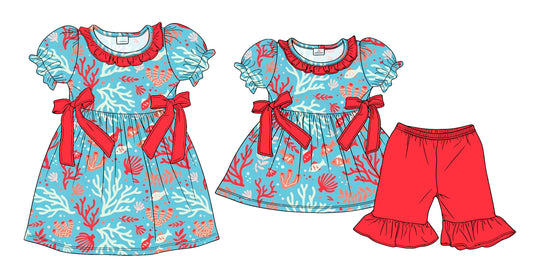 3.24  Custom moq 5 mix size Sibling Baby Girl's Blue Short-Sleeved Top with Bow And Red Short Set Cute Short-Sleeved Dress for Summer