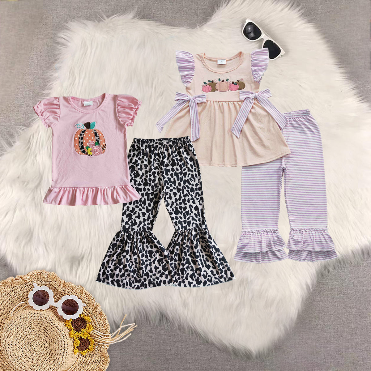 RTS NO MOQ Sibling Baby Girls embroidery pumpkin short Sleeve Pants Set