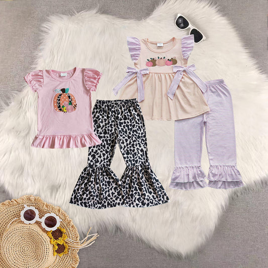 RTS NO MOQ Sibling Baby Girls embroidery pumpkin short Sleeve Pants Set