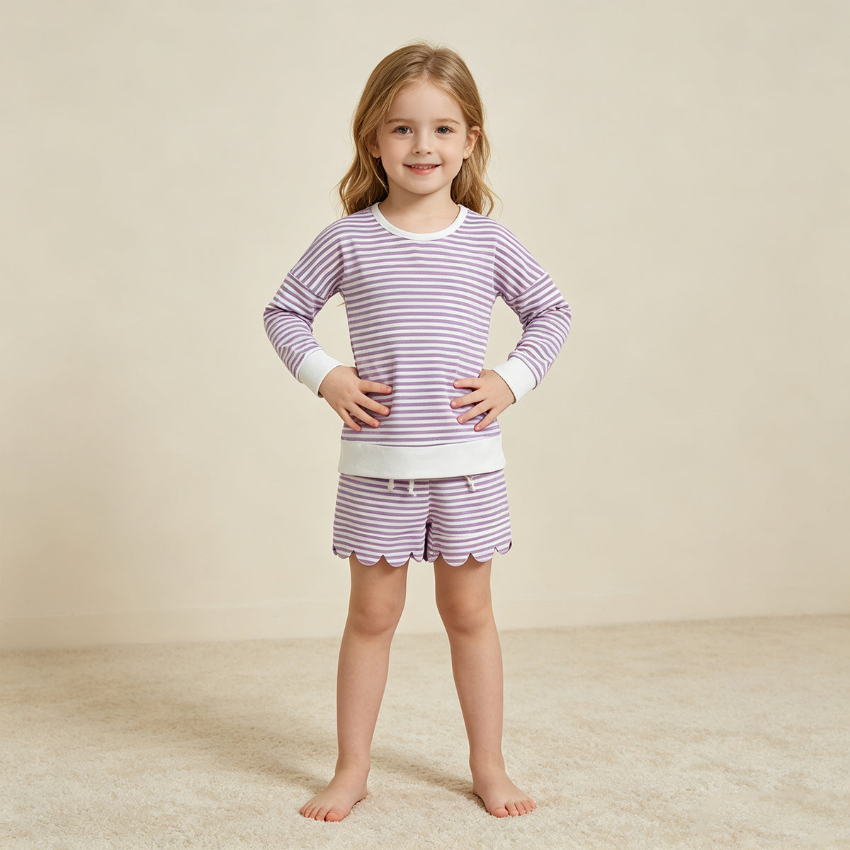 NEW RTS NO MOQ yoga fabric GLS0155 Yoga Baby Girls Purple Stripe Shirt Top Scallop Short Yoga Active Set