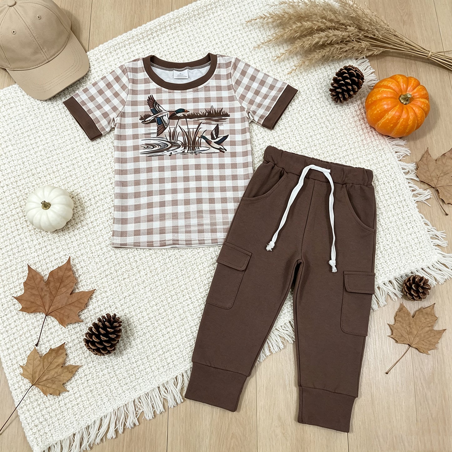 NEW RTS NO MOQ milk silk BSPO0689 Baby Boys Brown Checked Duck Print Pocket Long Sleeve Top Jogger Pants Clothes Set