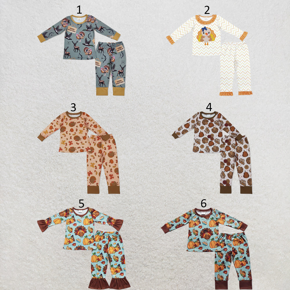 RTS NO MOQ Sibling milk silk Baby Thanksgiving Turkey Pie Print Top Ruffle Pants Two Piece Pajamas Clothes Sets