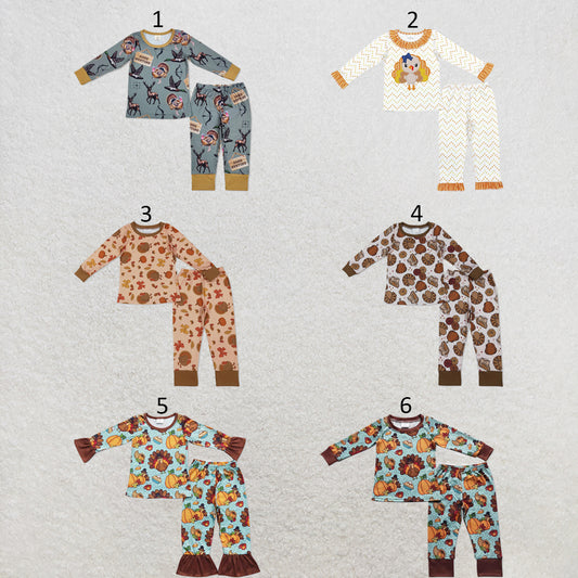 RTS NO MOQ Sibling milk silk Baby Thanksgiving Turkey Pie Print Top Ruffle Pants Two Piece Pajamas Clothes Sets