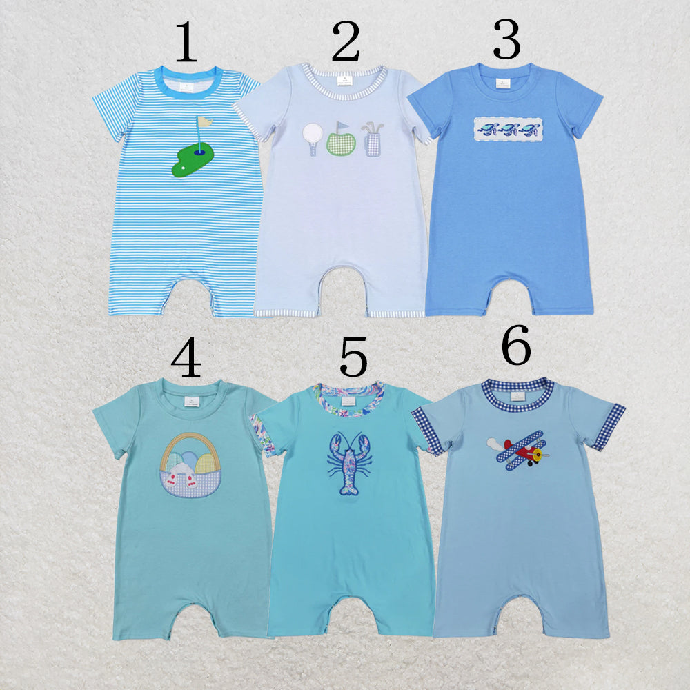 RTS NO MOQ Baby Boys Sibling Embroider Top Blue Summer Clothes Sets Rompers