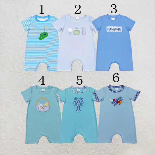 RTS NO MOQ Baby Boys Sibling Embroider Top Blue Summer Clothes Sets Rompers