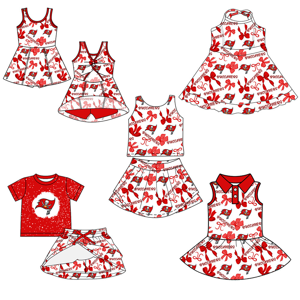 Custom moq 5 mix sizes summer teams baby girls clothes team red short sleeve skirts shorts sets 1 and skirts sets 2 and dress 1 and dress 2 and dress 3 and dress 4-25.6.6