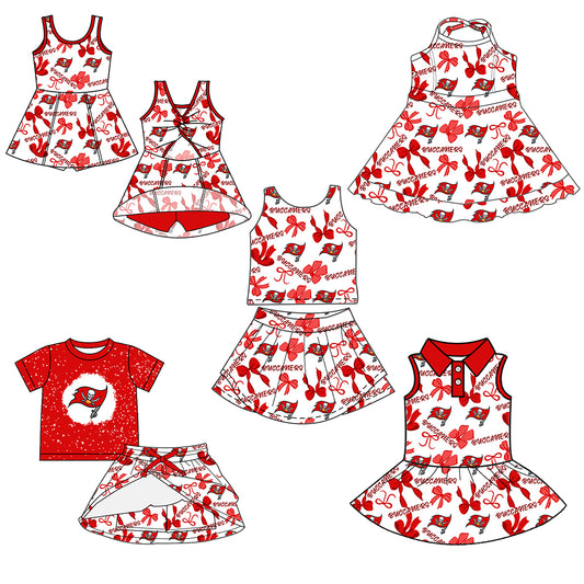 Custom moq 5 mix sizes summer teams baby girls clothes team red short sleeve skirts shorts sets 1 and skirts sets 2 and dress 1 and dress 2 and dress 3 and dress 4-25.6.6