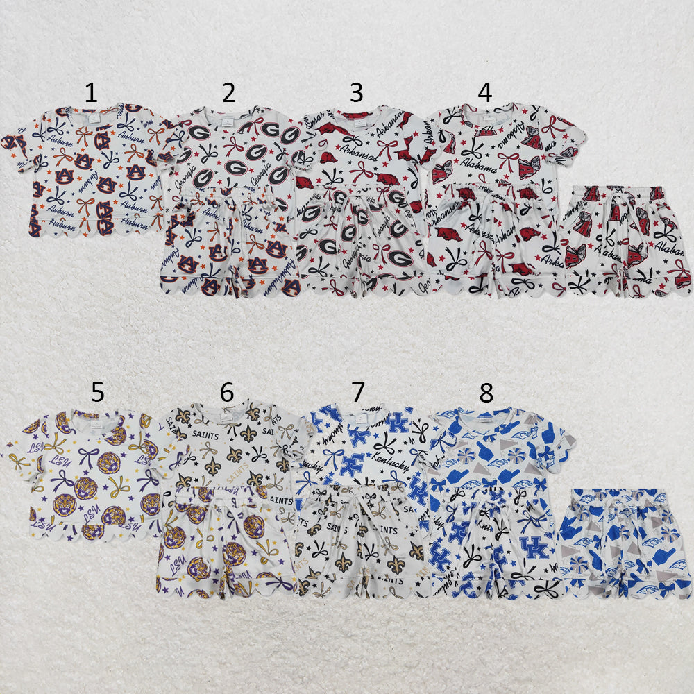 RTS NO MOQ Sibling milk silk Baby Girls Star Bow Pocket Top Scallop Shorts Team Wear Clothes Sets