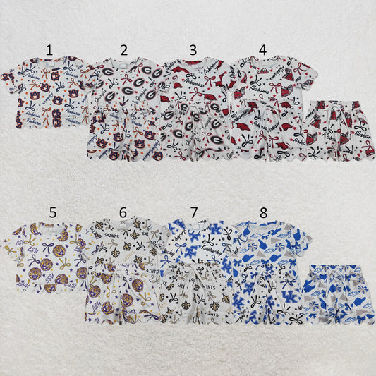 RTS NO MOQ Sibling milk silk Baby Girls Star Bow Pocket Top Scallop Shorts Team Wear Clothes Sets
