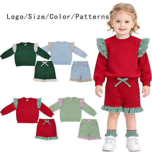 RTS NO MOQ Sibling cotton Baby Girls Solid Long Sleeve Top Striped Ruffle Shoulder And Short Set