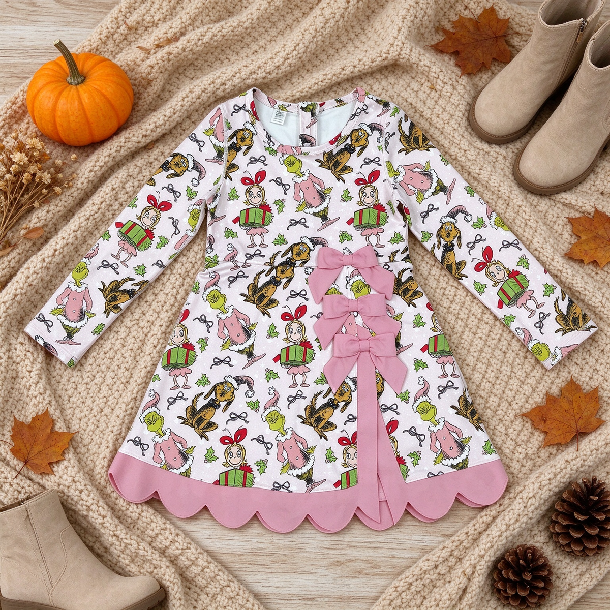 NEW RTS NO MOQ yoga fabric GLD1656 Baby Girls Gifts Bows Scallop Hem Christmas Yoga Active Knee Length Dress