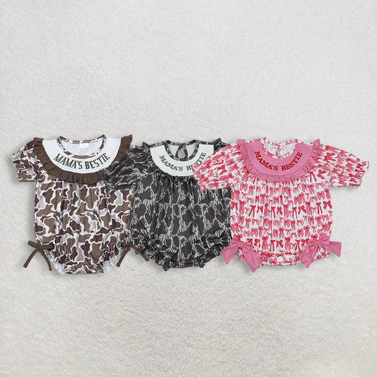 RTS NO MOQ Sibling Baby Girls Smocked Rompers with Mama's Bestie Camo Bows Ruffle Design for Matching Outfits