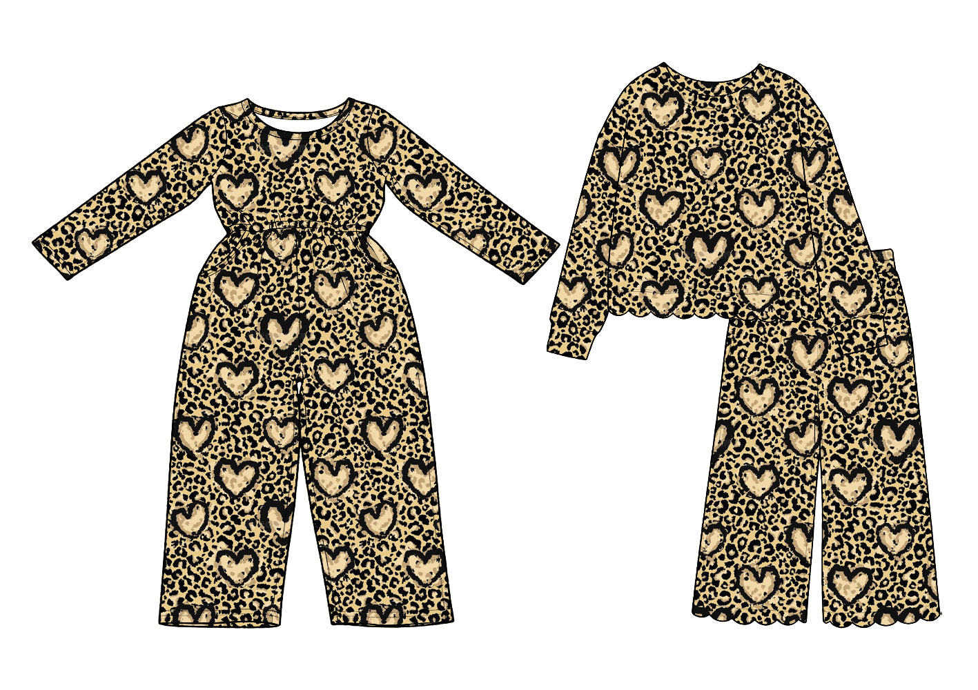(Preorder new) No moq Baby Girls Valentine Leopard Heart Long Sleeve Top Pants Set Jumpsuits