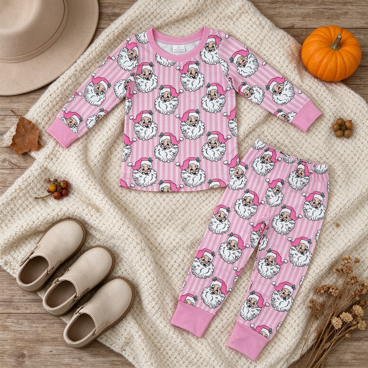 NEW RTS NO MOQ milk silk GLP3440 Baby Girls Pink Stripe Santa Top Pant Christmas Pajamas Set Holiday Night Sleep Wear