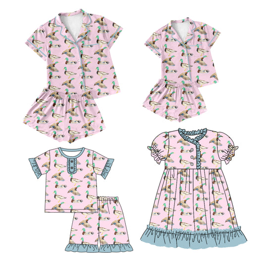 12.14 custom each style moq 5eta 4-6week Sibling Sister duck baby girls short sleeve shorts sets and adult sets and girls sets and dress match design