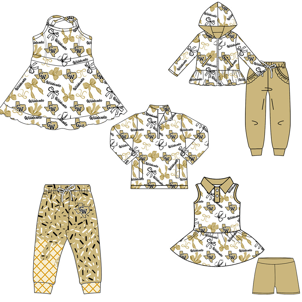 Custom moq 5 mix size milk silk summer teams baby girls clothes bow khaki hooded long sleeve pants sets and shorts sets and dress and top and pant-25.8.11
