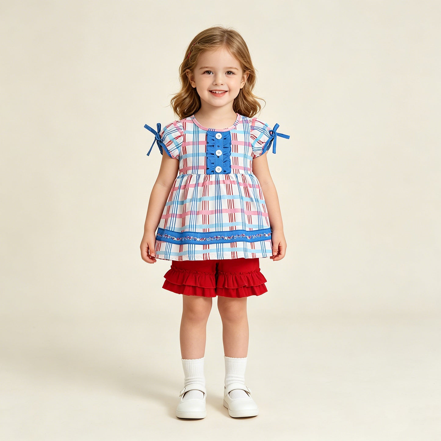 RTS NO MOQ milk silk GSSO2815 Baby Girls July 4th Holiday Red Blue Checked Tunic Ruffle Shorts Set