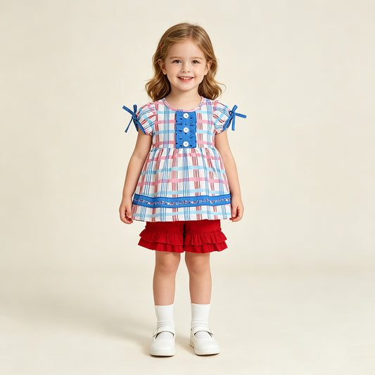 RTS NO MOQ milk silk GSSO2815 Baby Girls July 4th Holiday Red Blue Checked Tunic Ruffle Shorts Set