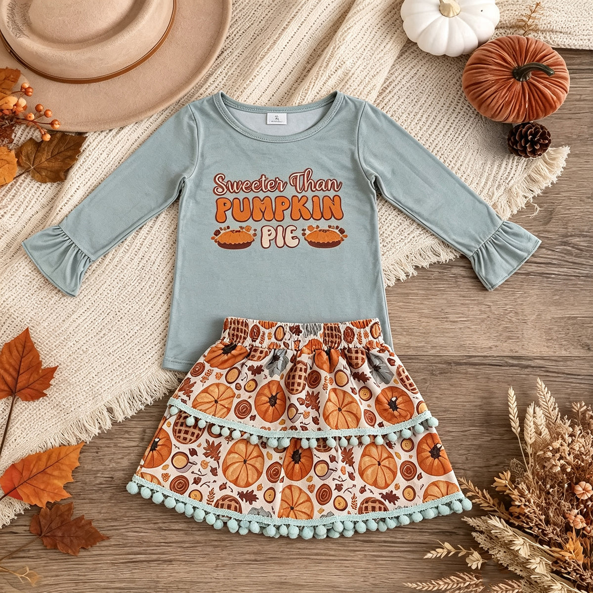 NEW RTS NO MOQ milk silk GLD0763 Baby Girls Long Sleeve Ruffle Top Pumpkin Pie Print Skirt Set