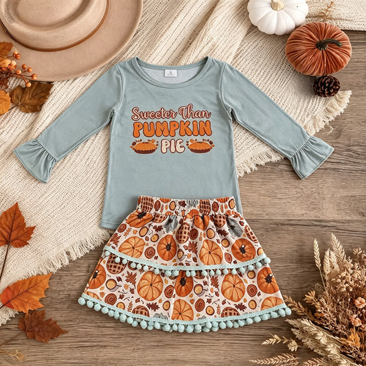 NEW RTS NO MOQ milk silk GLD0763 Baby Girls Long Sleeve Ruffle Top Pumpkin Pie Print Skirt Set