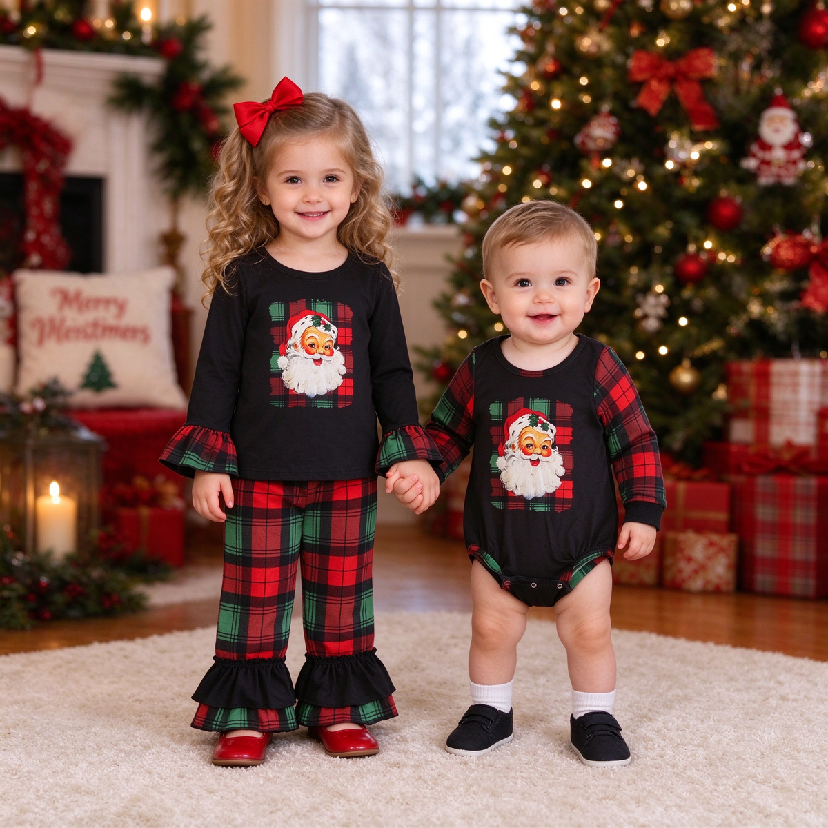 Baby Girls Christmas Santa Collection - Black Red Ruffle Pant Set & Plaid Romper