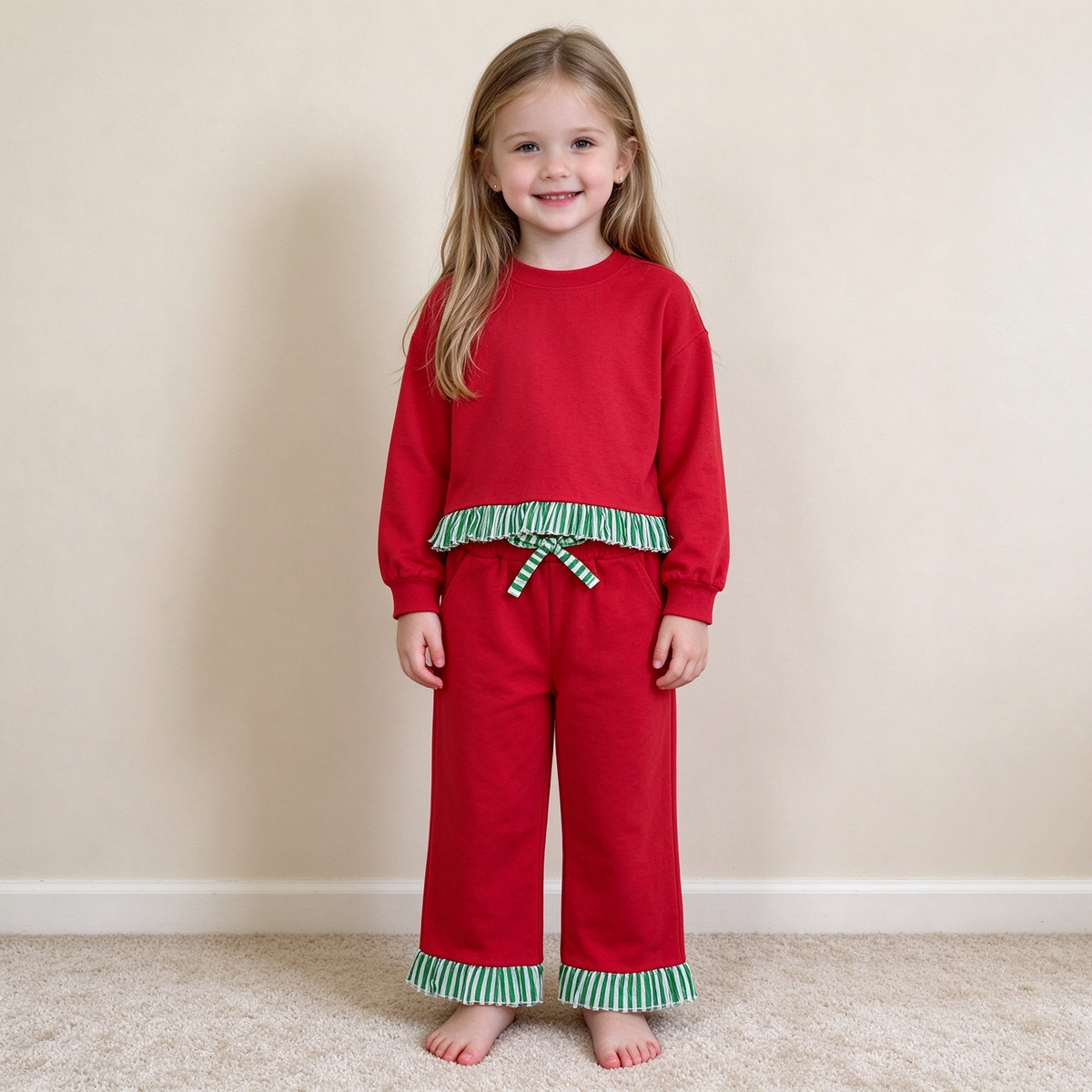 NEW RTS NO MOQ milk silk GLP3916（GT1935+P1153）Baby Girls Red Long Sleeve Scallop Tunic Ruffle Pant Casual Set