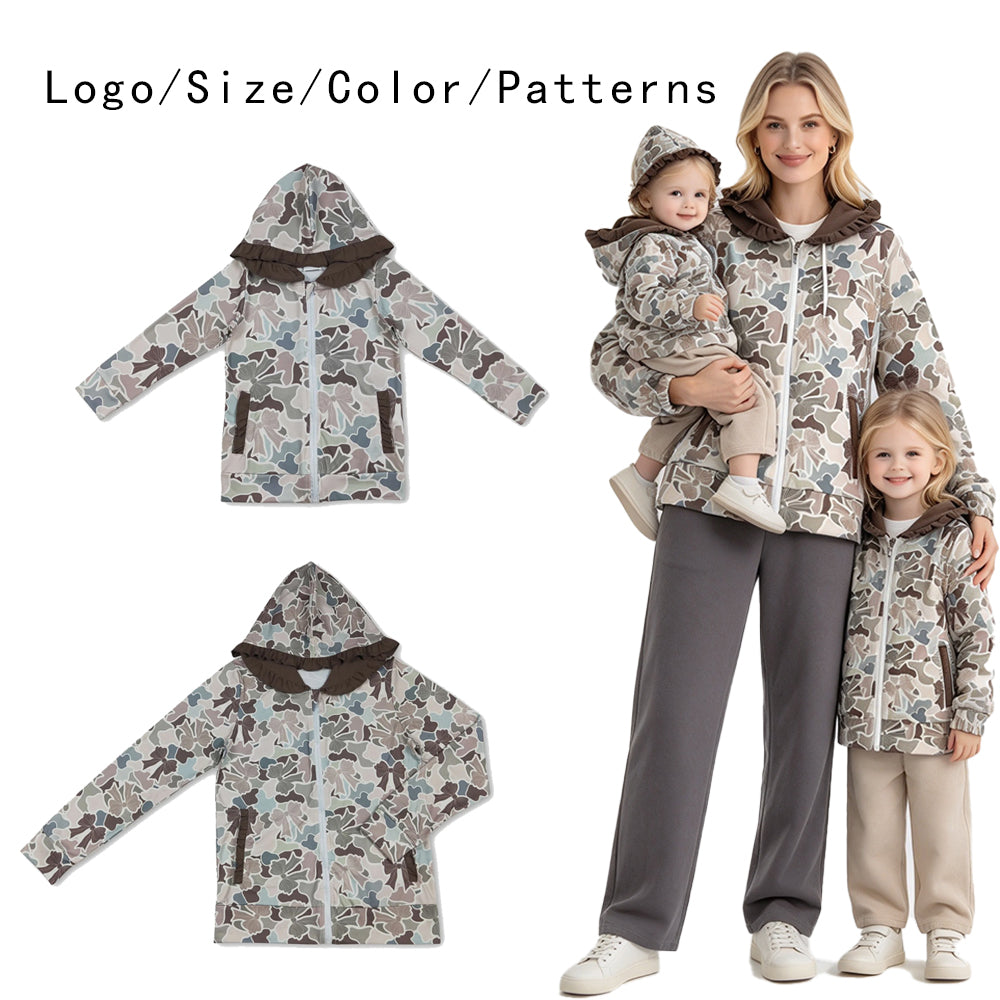 RTS NO MOQ Sibling milk silk Adult To Match Kids Camo Print Full Zip Hooded Jacket Ruffle Trim Hood Casual Coat
