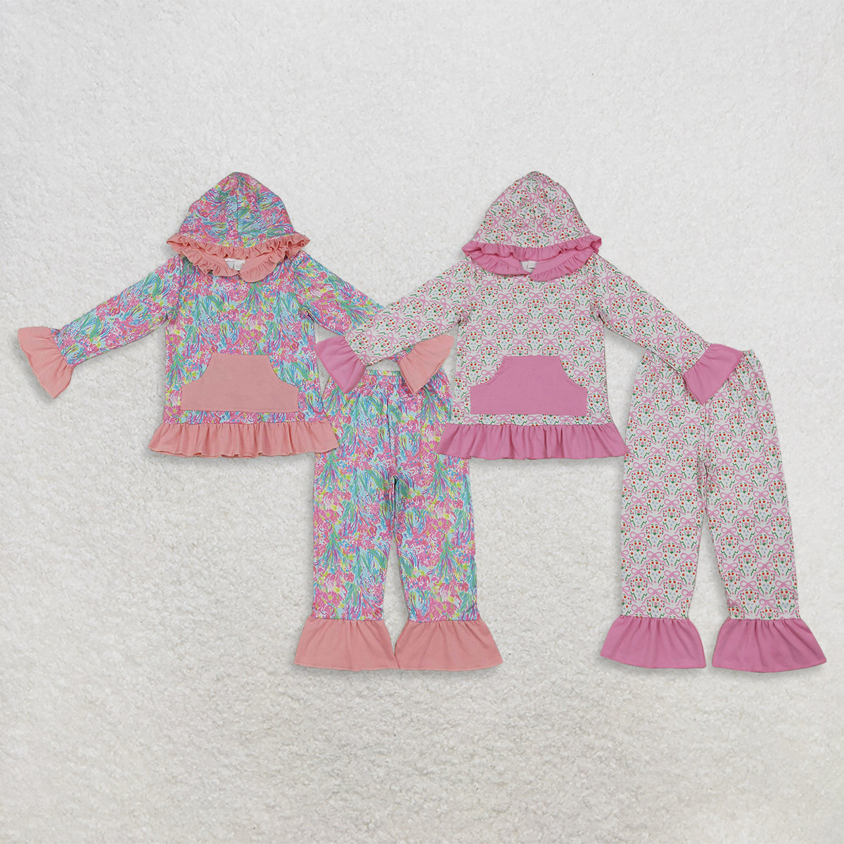RTS NO MOQ Sibling milk silk Baby Girls Floral Print Ruffle Hoodie Kangaroo Pocket Flare Pants Set