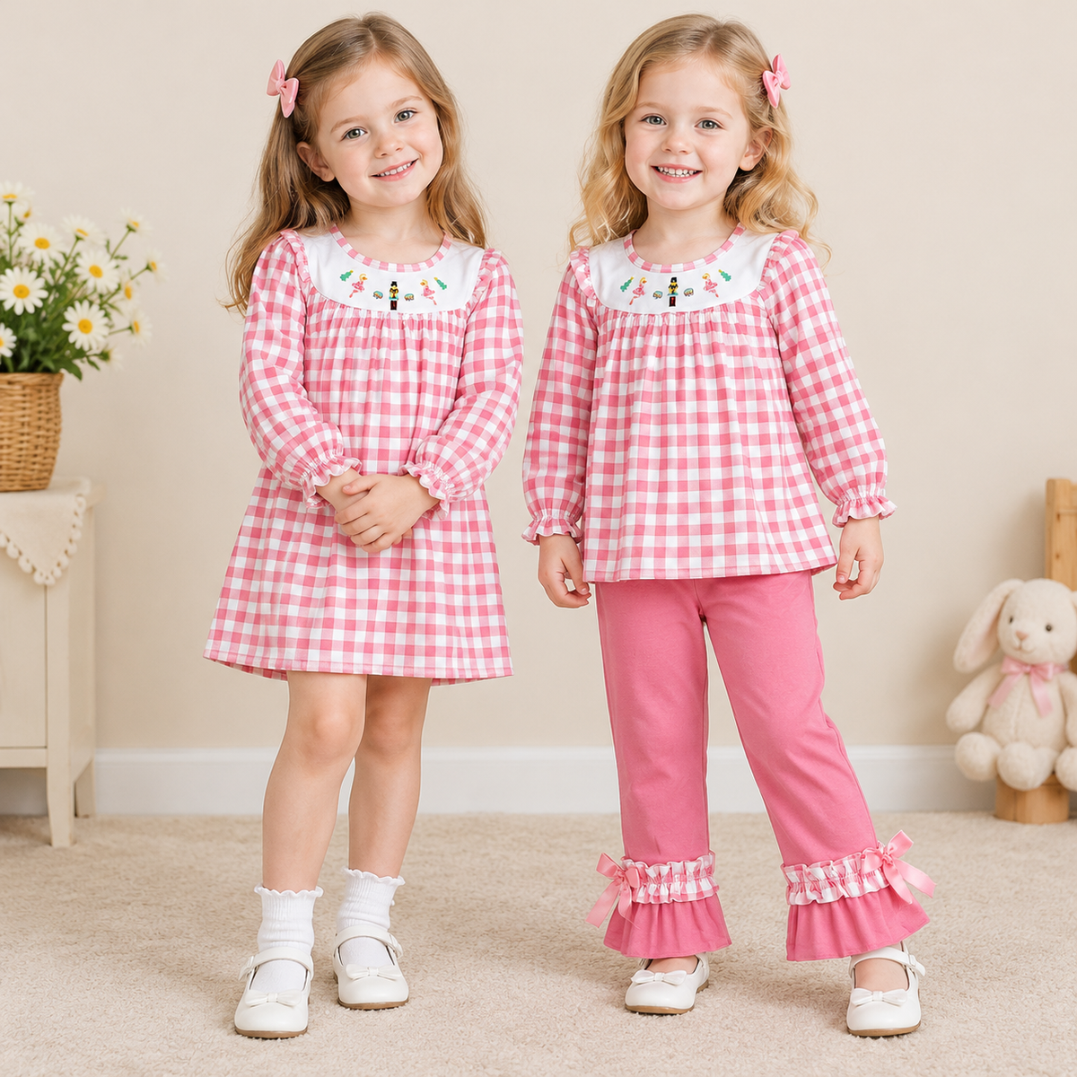 RTS NO MOQ Sibling milk silk Embroidery Baby Girls Pink Gingham Long Sleeve Dress And Top Ruffle Bow Pants Set