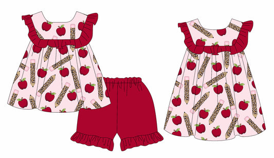 3.2 Custom moq 5 mix size Sibling Baby Girl's Back To School Short-Sleeved Top And Red Shorts Set Cute Dress for Summer