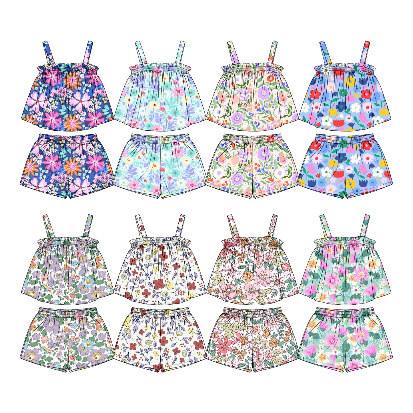 4.1 Custom moq 5 mix size Sibling Baby Girl's Colorful Flowers Strap Top Shorts Set Cute Summer Outfit