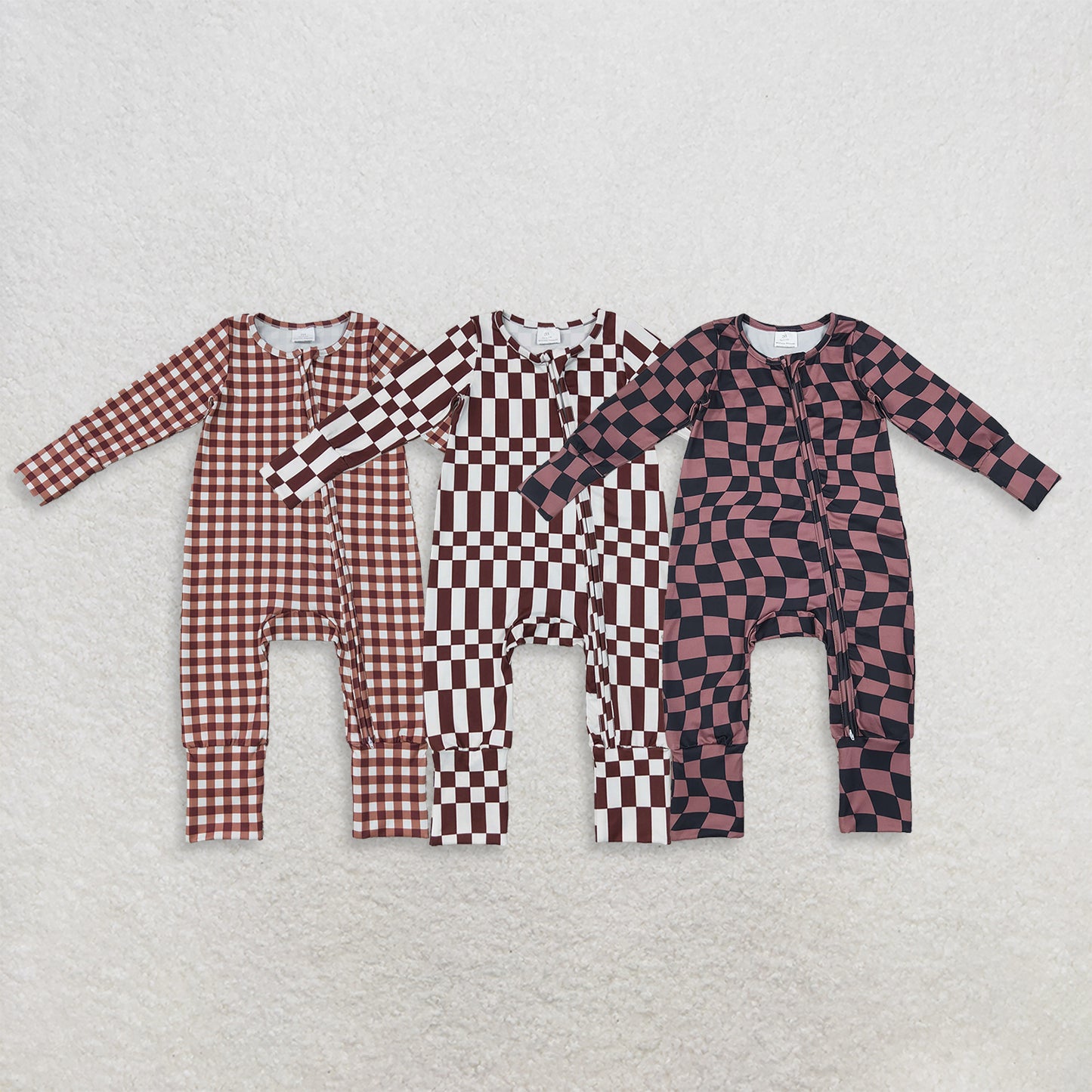 RTS NO MOQ Sibling milk silk Baby Boys Warped Checkerboard Print Two Way Zip Convertible Fall Rompers